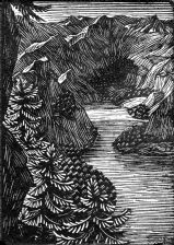 wood-engraving original print: Mountain Lake for Mountains and Molehills by Frances Cornford